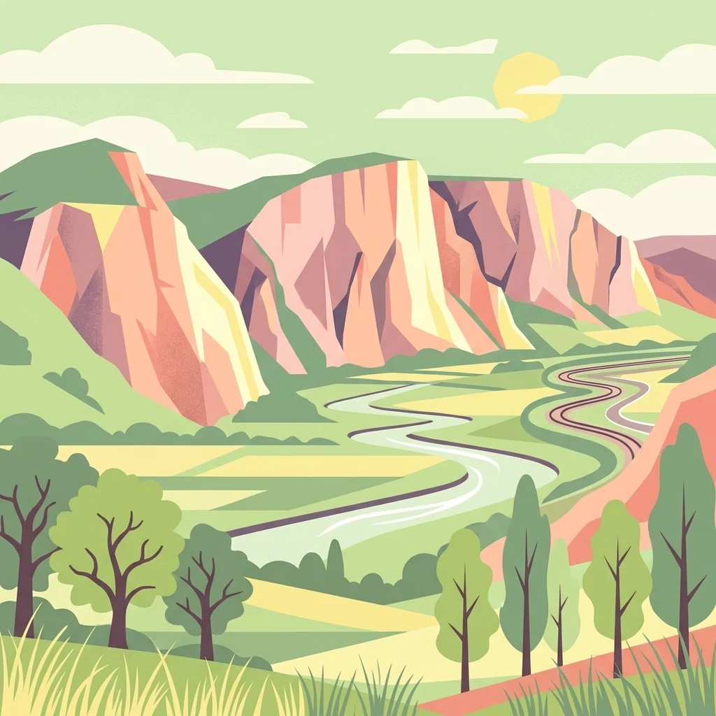 A stylized digital illustration of a steep, vertical mountain range overlooking a winding river and flat valley floor, depicted in a minimalist graphic style with soft pastel colors.