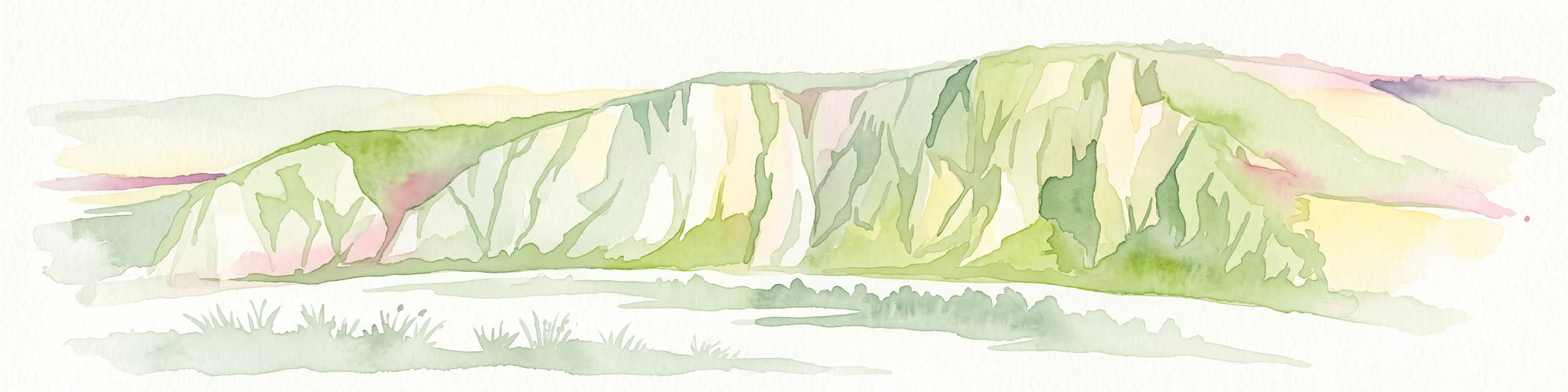 A horizontal watercolor painting depicting a wide, jagged rock cliff face with green hills, set against a plain background.