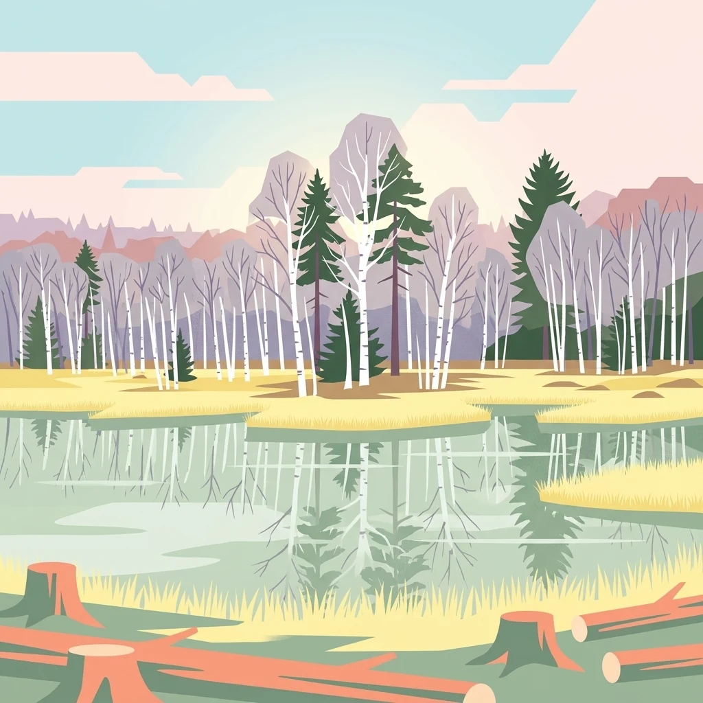 An illustration of a marshy bog area featuring birch and evergreen trees reflected in calm water, with tree stumps in the foreground.
