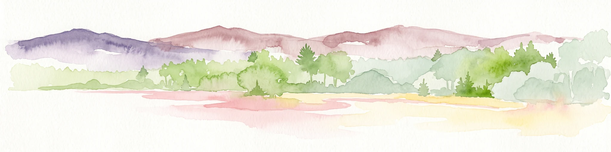 A watercolor painting depicting a soft, stylized horizon of rolling, purple and pink hills behind a line of light green trees and meadow, against a white background.