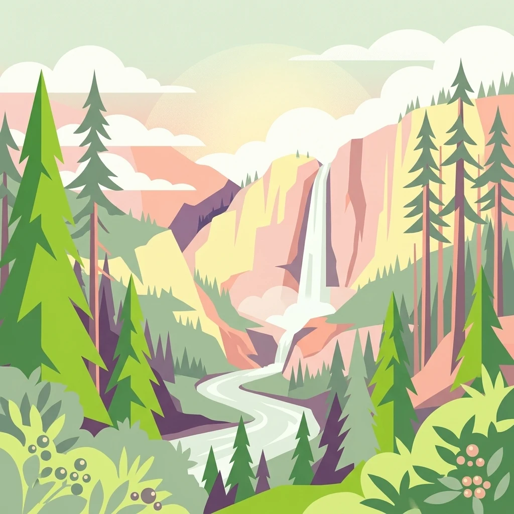 A flat-style digital illustration depicting a winding river flowing through a coniferous forest beneath steep cliffs and a waterfall under a pale, soft-colored sky.