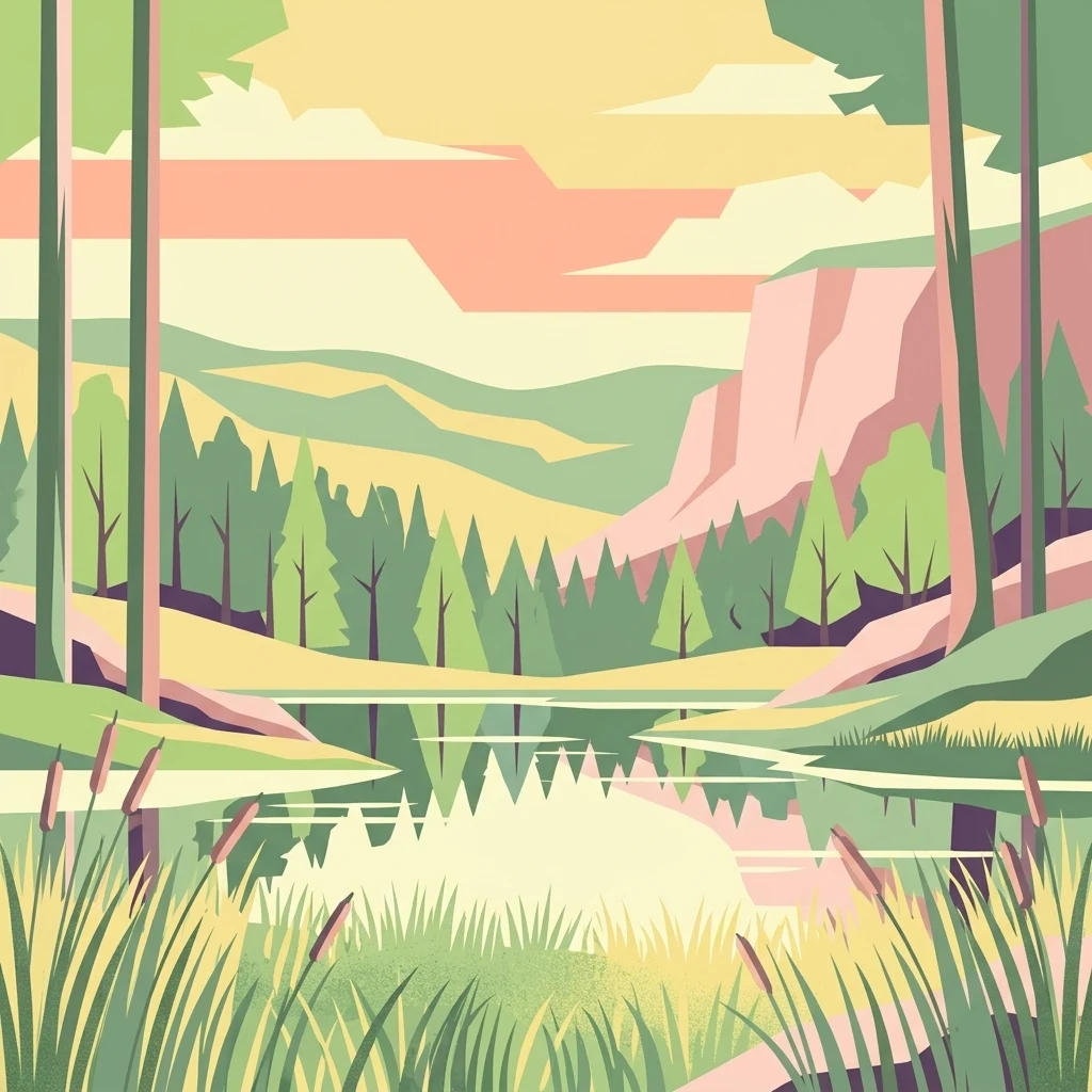 A graphic illustration showing a tranquil landscape with a still pond in the foreground, surrounded by tall grasses and cattails. A forest of pine trees occupies the midground, with rolling hills and a light orange sunset sky in the background.