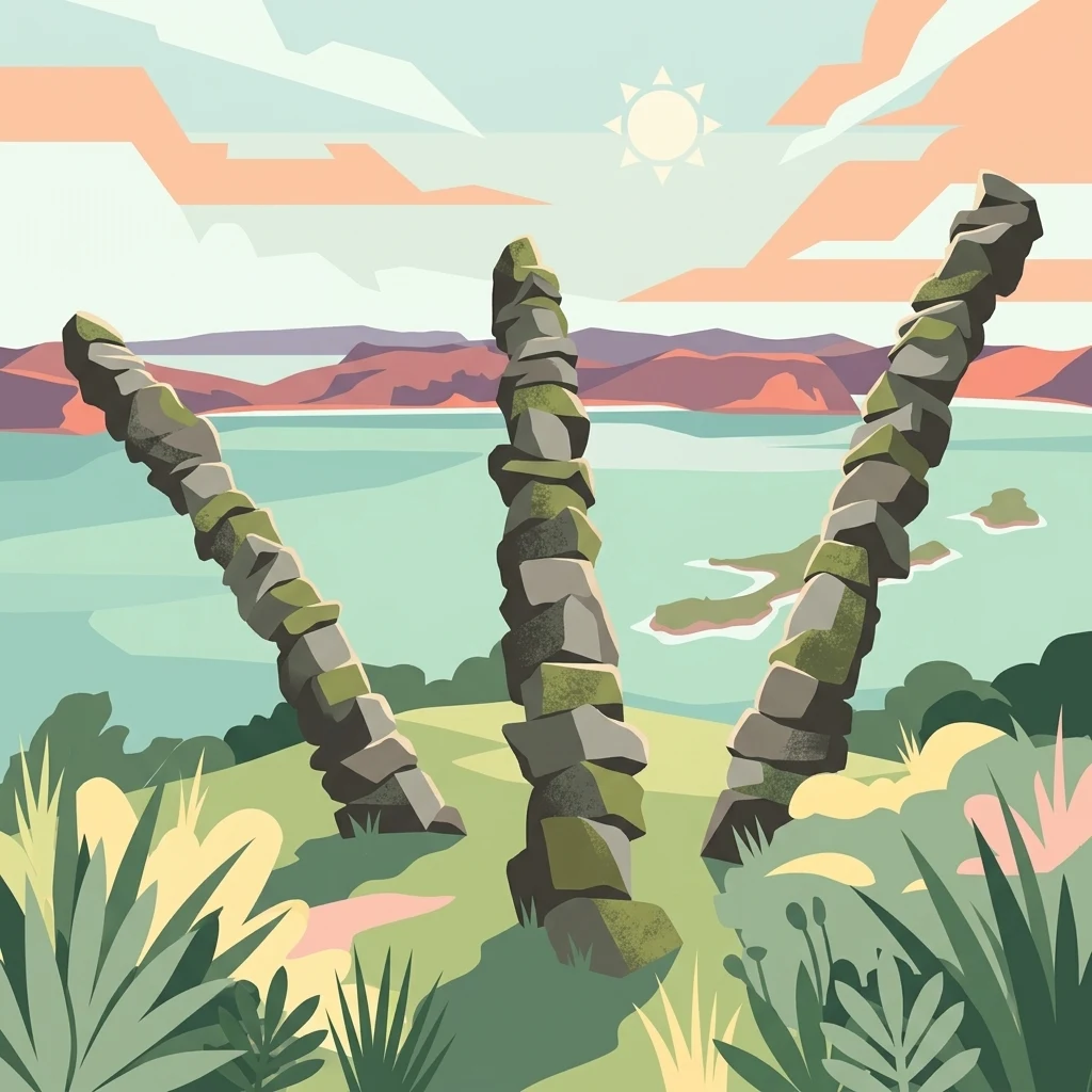 Una ilustración digital de tres pilares o columnas de piedra altos y delgados que se elevan desde un paisaje de isla cubierto de hierba, con una amplia masa de agua y colinas distantes al fondo bajo un sol estilizado.