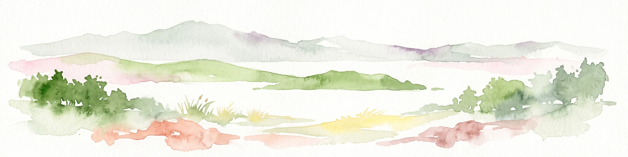 A soft, watercolor painting of a coastal landscape featuring green rolling hills, distant pale mountains, and patches of vegetation against a white background.