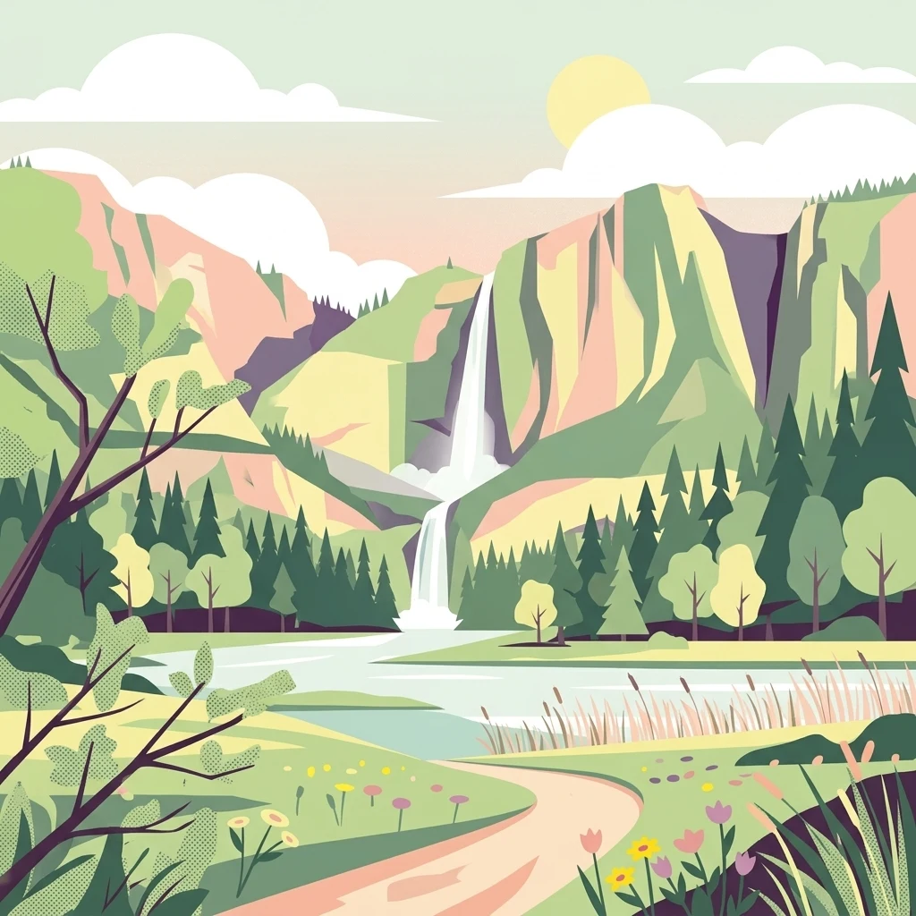 A flat vector illustration showing a winding path leading toward a pond and a cascading waterfall between large, colorful mountain cliffs, surrounded by trees and wildflowers.