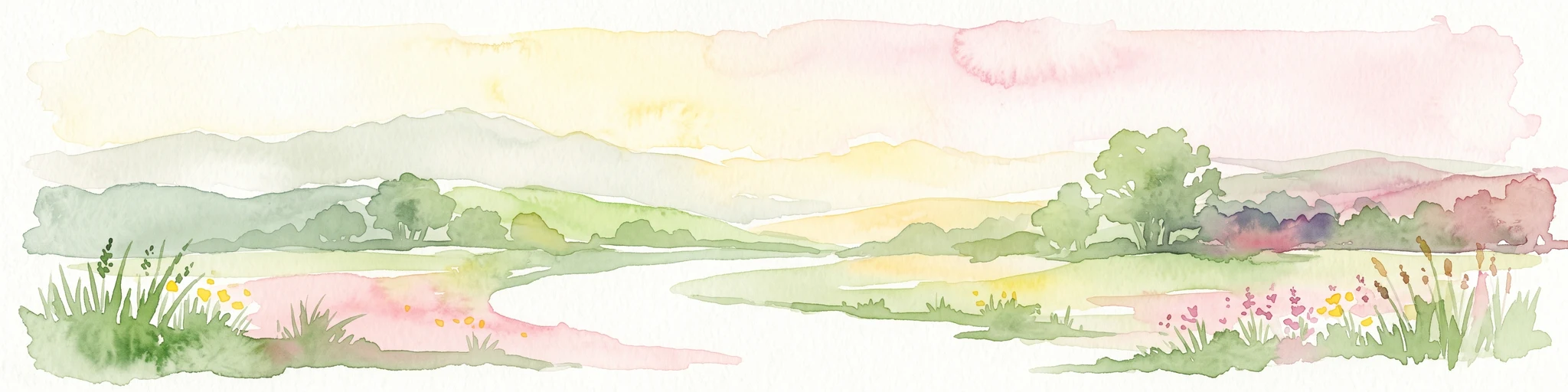 Pintura en acuarela de un paisaje de humedal tranquilo con un arroyo serpenteante, colinas suaves al fondo y vegetación de pradera silvestre en primer plano.