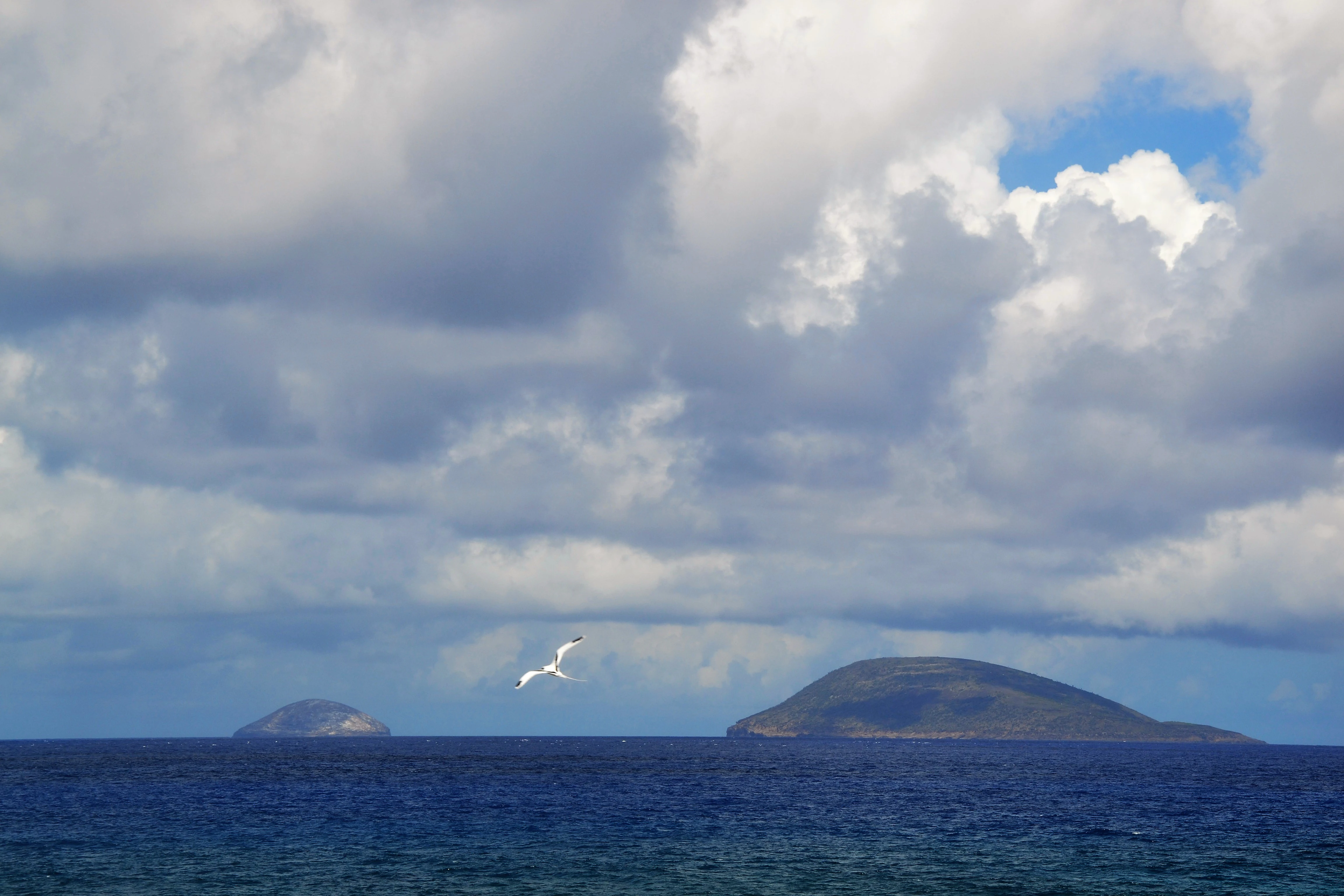 A distant view across a dark blue ocean toward two rocky islands on the horizon under a cloudy sky, with a small bird in flight.