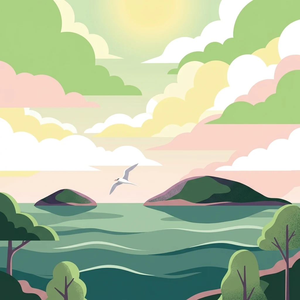 A stylized digital illustration featuring a calm green sea with two islands, a single bird flying in the sky, and lush trees in the foreground against a pastel sunset sky.