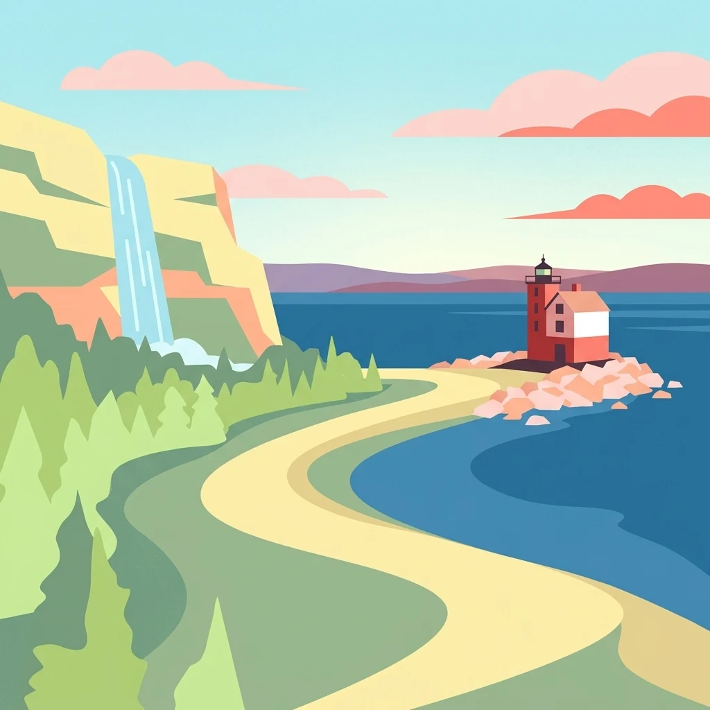 A flat-style digital illustration showing a winding path along a coastline, a tall cliff with a waterfall, a lighthouse on a rocky point, and pink-tinted clouds in a light blue sky.