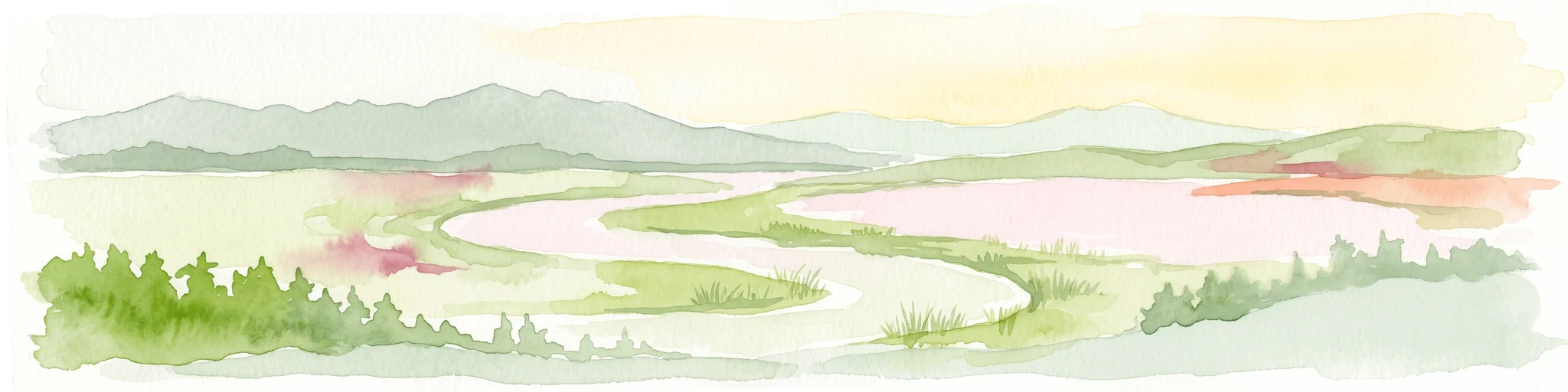 A watercolor painting showing a winding river flowing through a lush, green valley with rolling mountains in the distance.