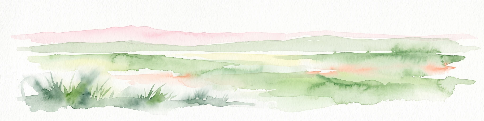 Acuarela de un paisaje de humedal verde y rosa con lavados horizontales suaves y abstractos y hierbas altas en primer plano.
