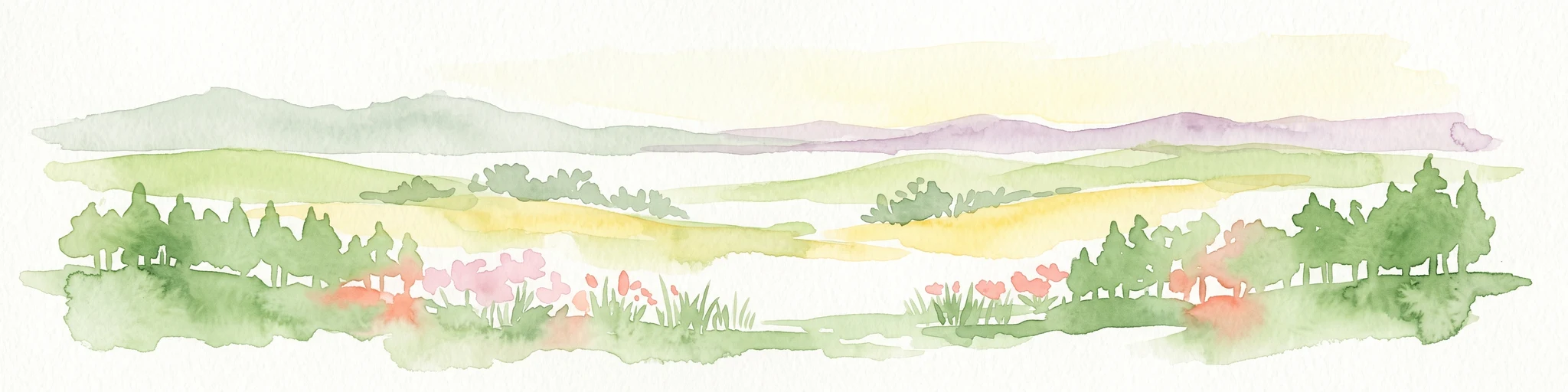 A watercolor painting showing a panoramic landscape with green rolling hills, light green meadows, and soft purple distant mountain ridges under a pale sky.