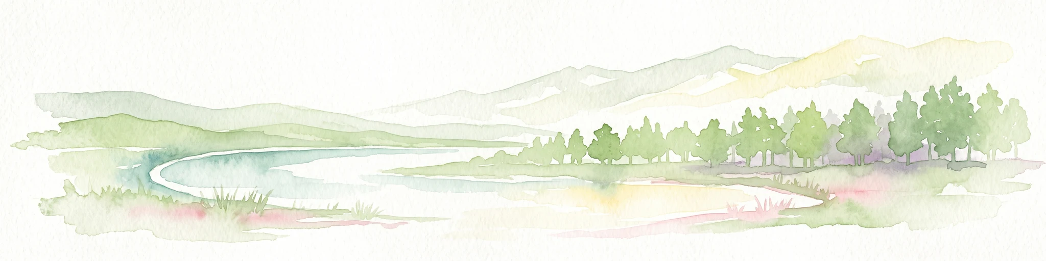 A soft watercolor painting of a serene landscape featuring a calm lake surrounded by trees and gentle rolling hills in the background.