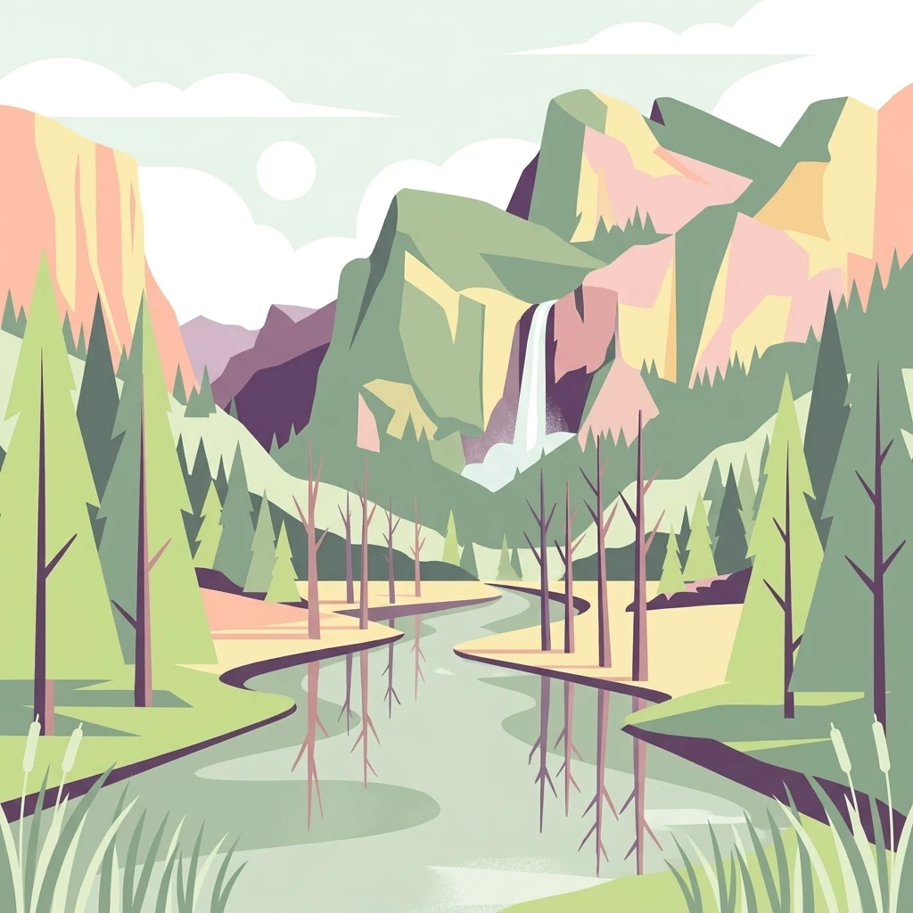 A flat-style digital illustration showing a winding river flowing through a forested valley toward a waterfall dropping from steep rocky mountains.