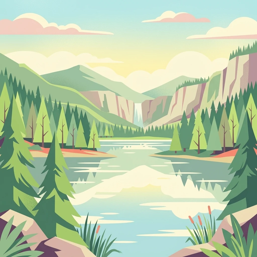 Ilustración de un paisaje montañoso con un lago, bosque y cascada
