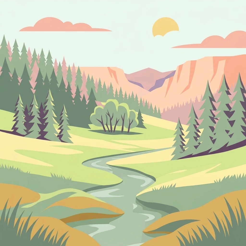 An illustration in a flat, minimalist style depicting a grassy meadow with a winding stream, a small cluster of trees in the middle distance, and a backdrop of evergreen forest and rolling hills under a soft sun.