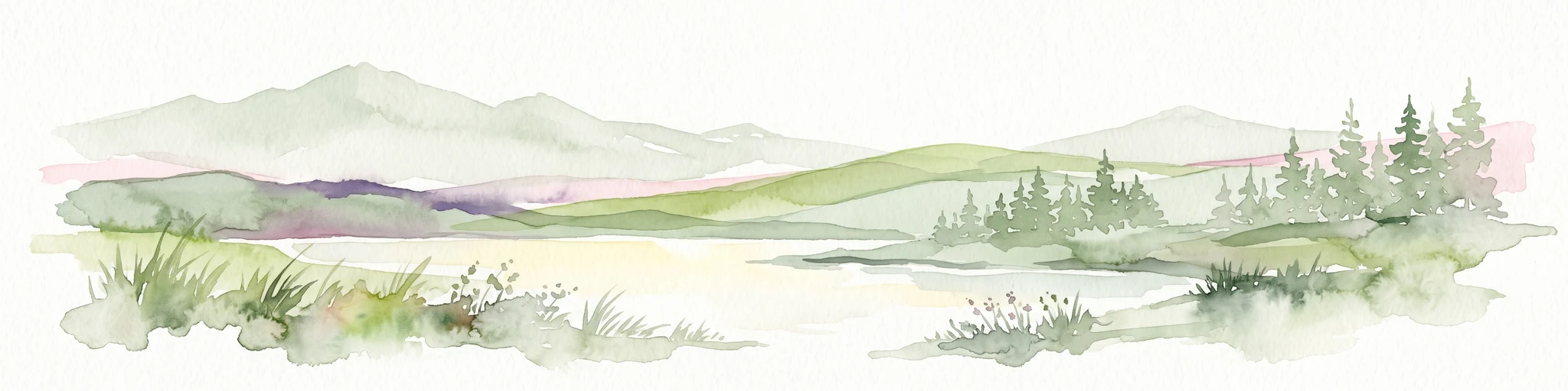Una ilustración horizontal en acuarela que representa un suave paisaje montañoso verde, con colinas, coníferas y una pradera anegada.