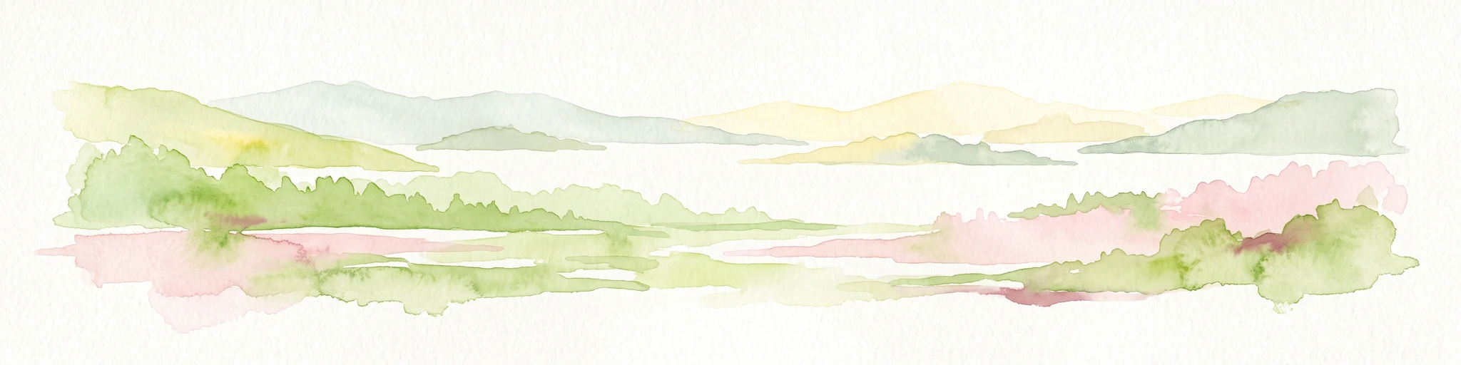 Watercolor painting of a river landscape with rolling green hills, distant slopes, and soft vegetation in shades of green and pink against a white background.