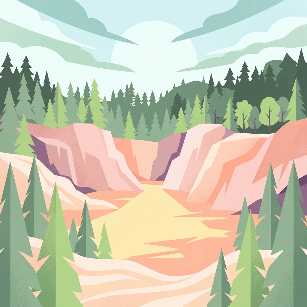 A stylized digital illustration of a quarry with light-colored rock faces surrounded by coniferous forest under a soft, pale sky.