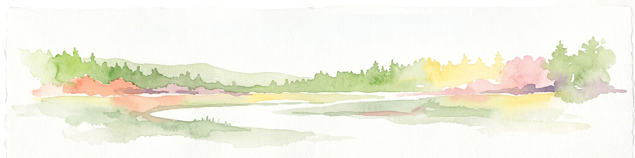 Una acuarela pálida y minimalista que muestra una línea de horizonte suave con sutiles tonos de follaje verde, amarillo y rosa sobre un fondo blanco.