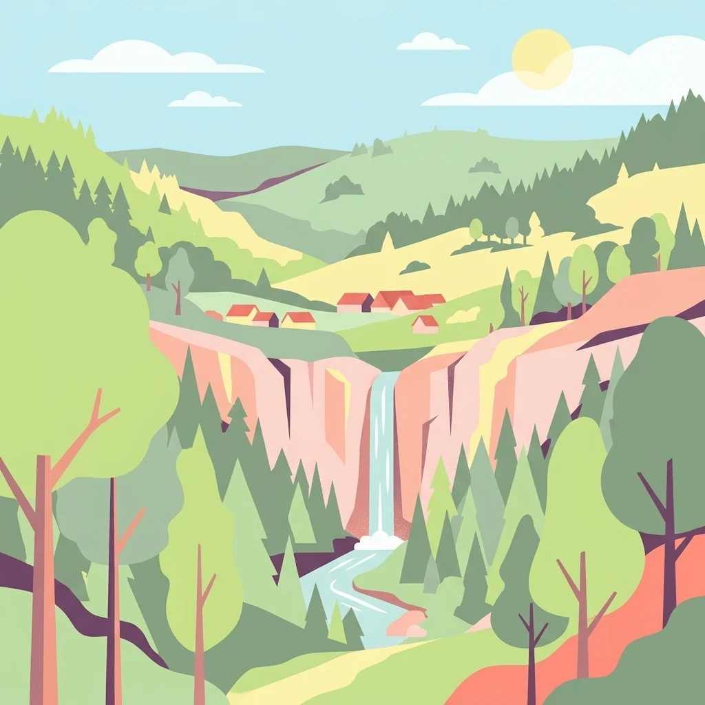 Una ilustración digital de estilo plano que muestra un valle con una cascada que cae por un acantilado, rodeada de pinos, colinas onduladas y un pequeño grupo de casas al fondo.