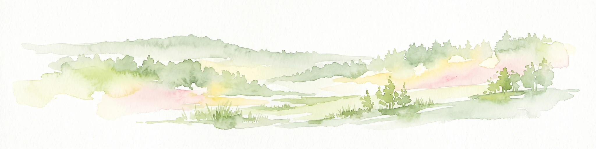 A soft watercolor illustration showing a panoramic view of rolling green hills, trees, and soft-toned landscape features on a plain white background.