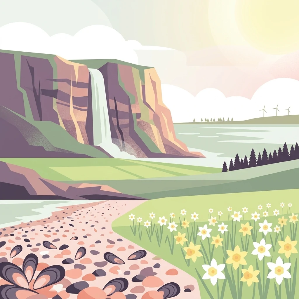 A stylized illustration showing a waterfall cascading from a cliff into a body of water, with a foreground of a pebble beach and yellow and white flowers.