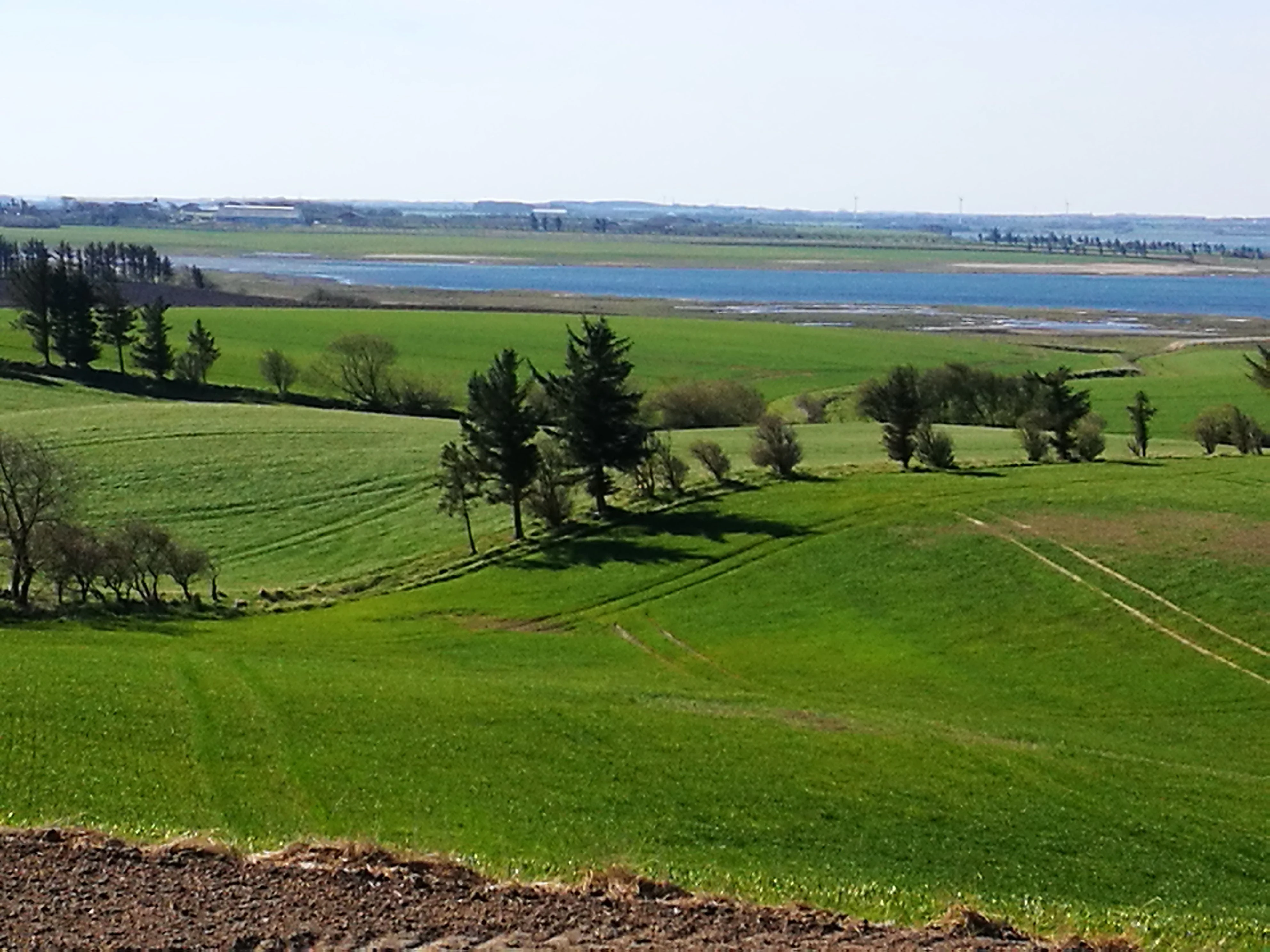 A wide landscape photograph showing rolling green fields with scattered trees in the foreground and midground, leading to a blue body of water and distant shoreline in the background.