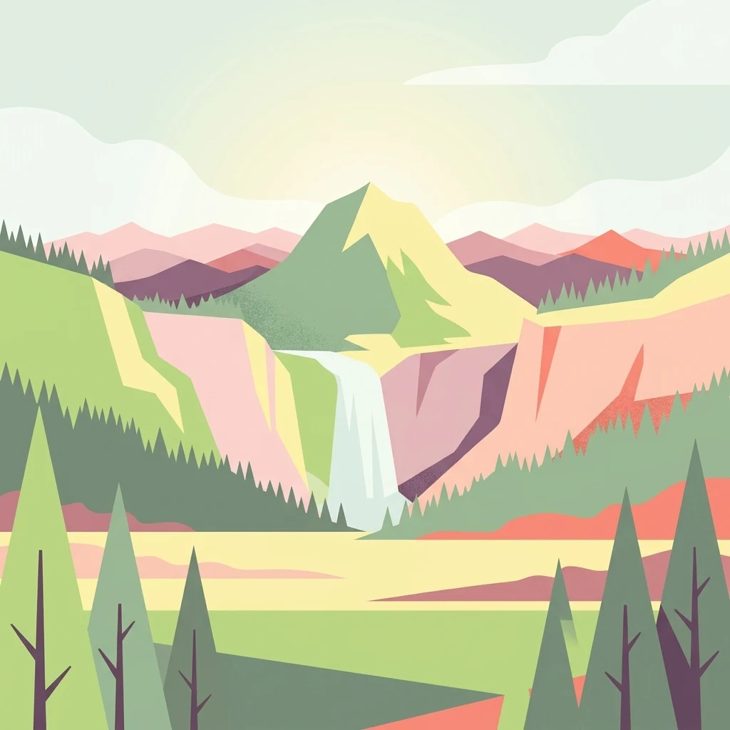 Stylized vector illustration of a mountainous landscape featuring a waterfall cascading between peaks, surrounded by pine trees and soft-colored slopes.