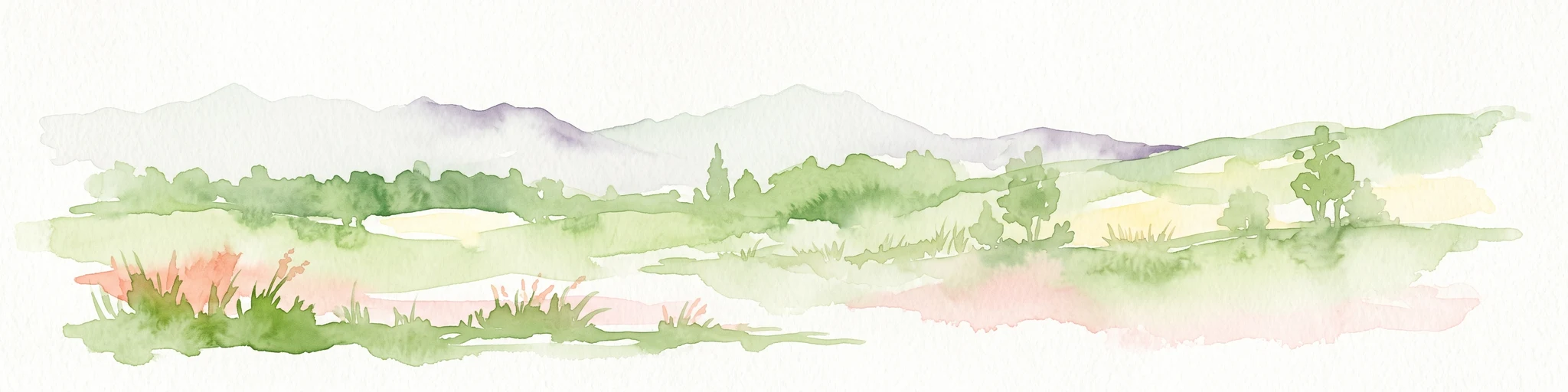 A watercolor illustration of a landscape with green meadows, trees, and soft mountains in the background, set against a white background.