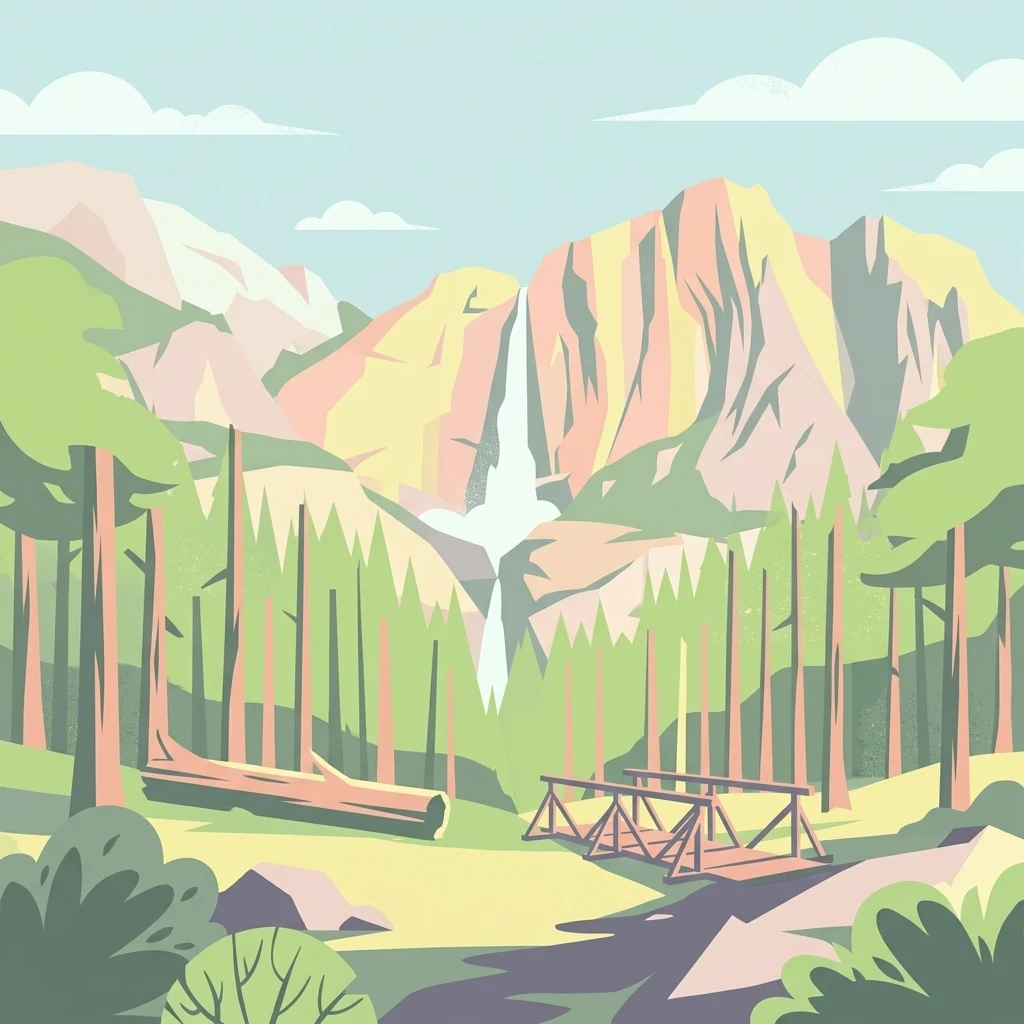 A flat vector-style illustration of a mountain valley featuring a central waterfall cascading down rocky cliffs behind a dense forest and a wooden bridge in the foreground.