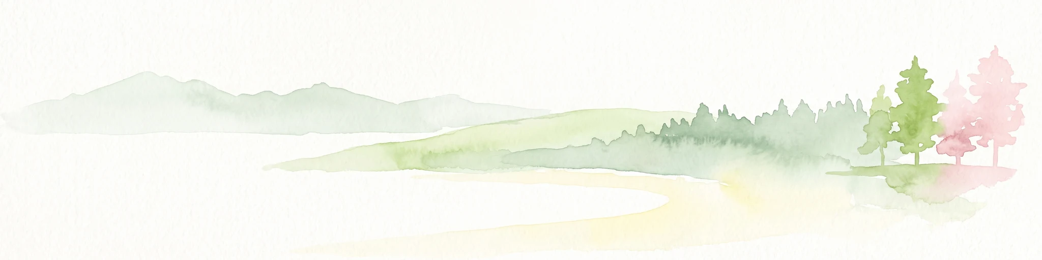 A minimalist watercolor illustration depicting a soft, light-toned landscape with a row of trees on the right and distant, blurred hills in the background.