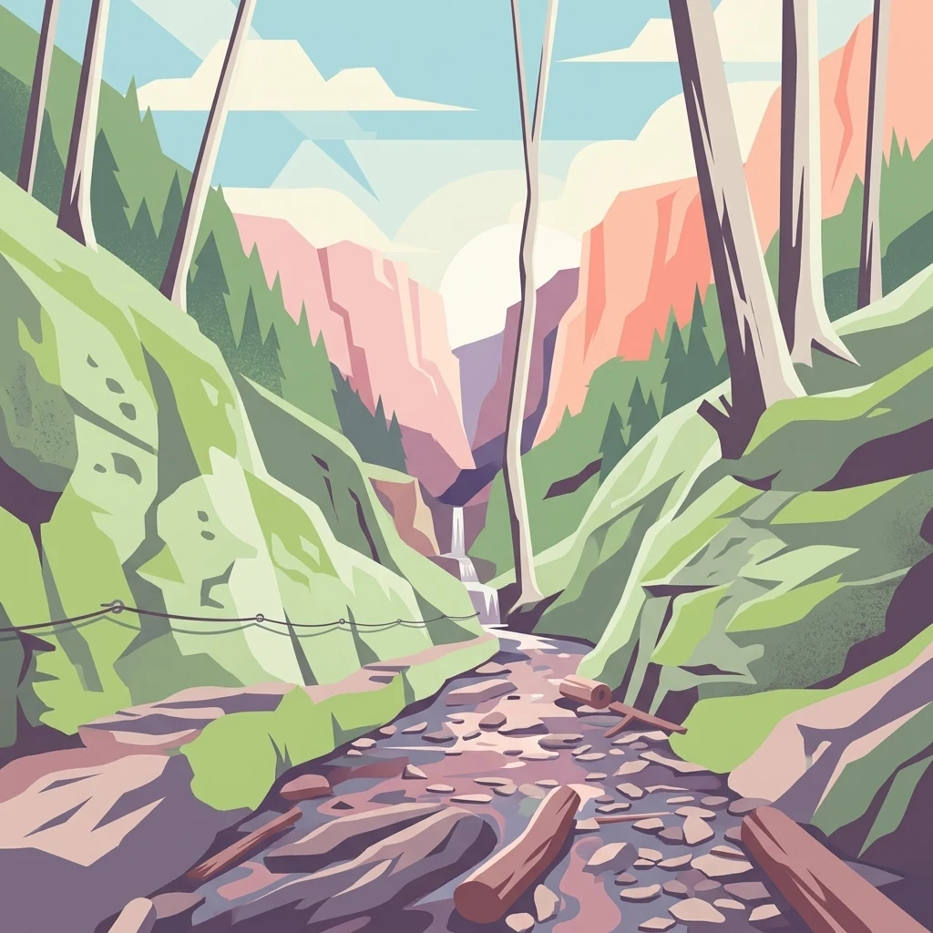Una ilustración digital estilizada, de colores planos, de un desfiladero estrecho con laderas rocosas y boscosas a ambos lados, un pequeño arroyo con troncos caídos en el centro y una cascada delgada en la distancia.
