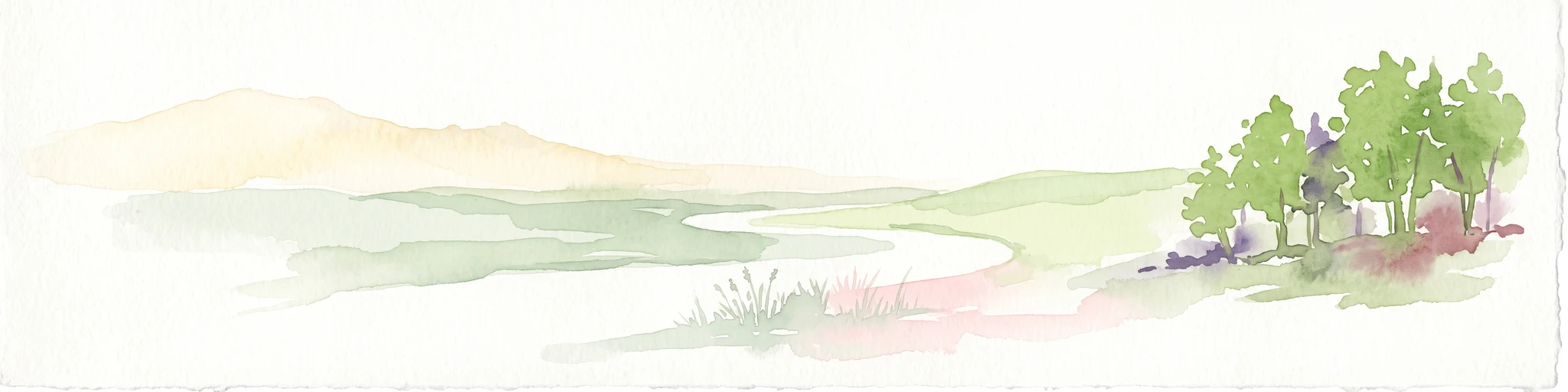 Una pintura minimalista en acuarela que muestra un río serpenteante, colinas distantes y un pequeño bosquete de árboles en la orilla.