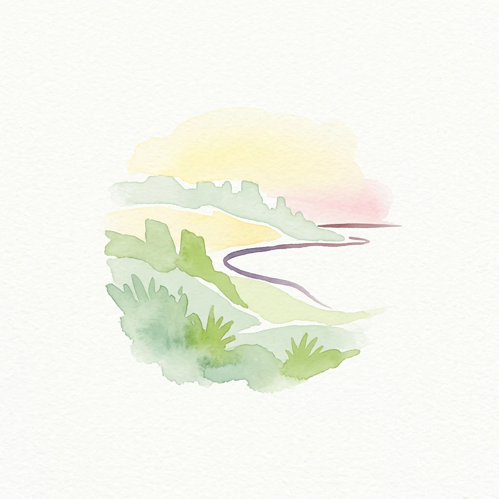 Ilustración acuarela de colinas verdes con un camino sinuoso bajo un cielo al atardecer