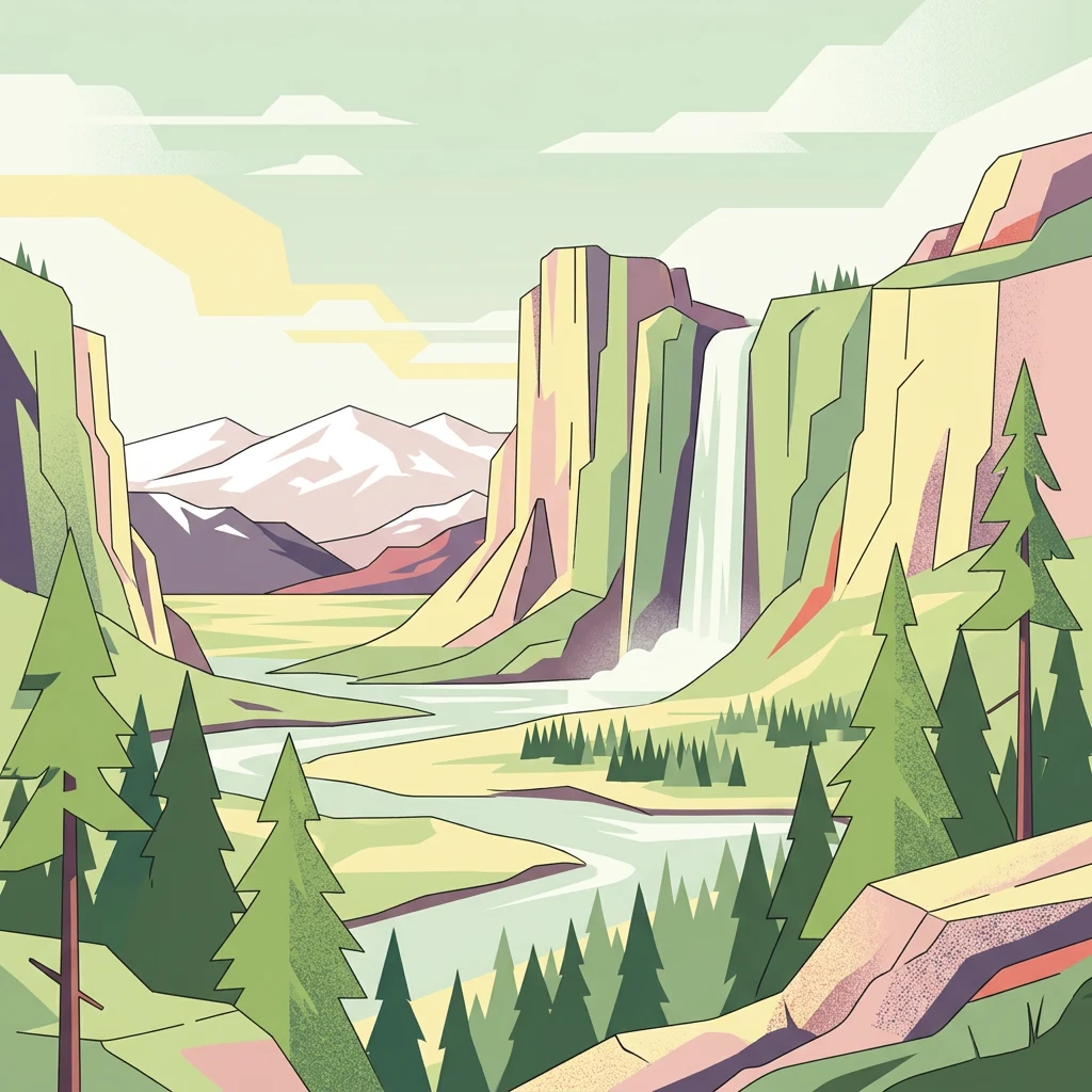Ilustración estilizada de un paisaje montañoso con una cascada, río y bosque de coníferas bajo un cielo parcialmente nublado
