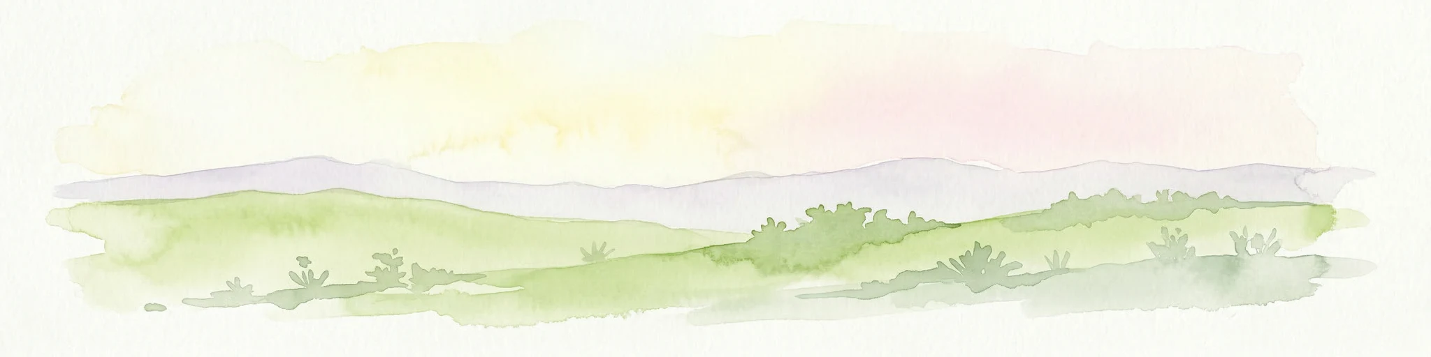 Ilustración de acuarela de colinas verdes onduladas con montañas distantes y un cielo claro
