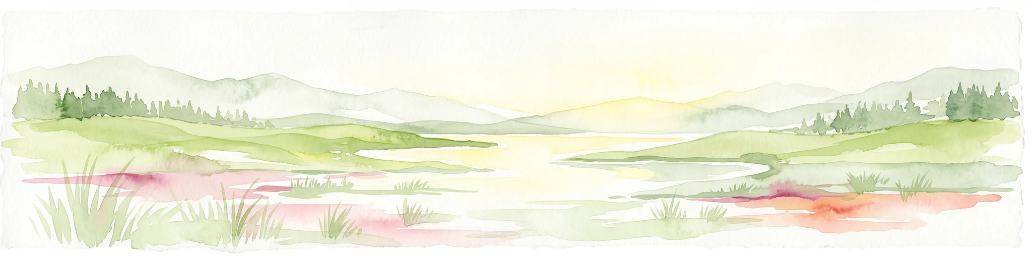 A soft watercolor illustration of a tranquil lake surrounded by rolling green hills, a forest of evergreen trees, and wetlands with patches of reddish flora in the foreground.