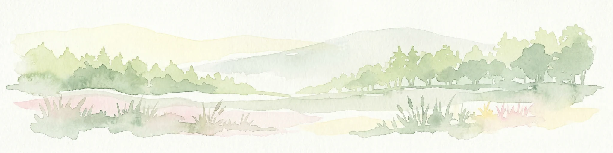 Ilustración en acuarela de un paisaje con árboles, colinas y agua