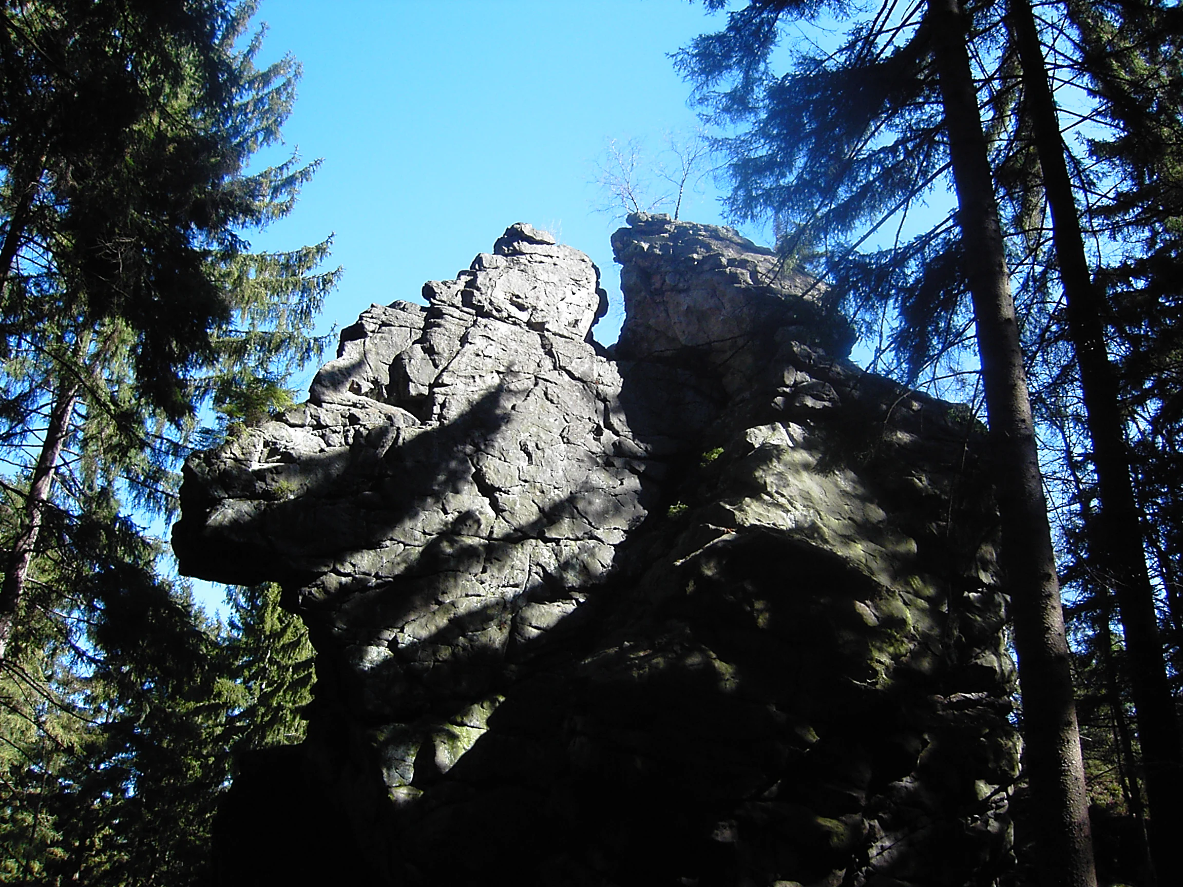 A large, weathered sandstone rock formation rising above a surrounding forest with clear blue sky visible in the background.
