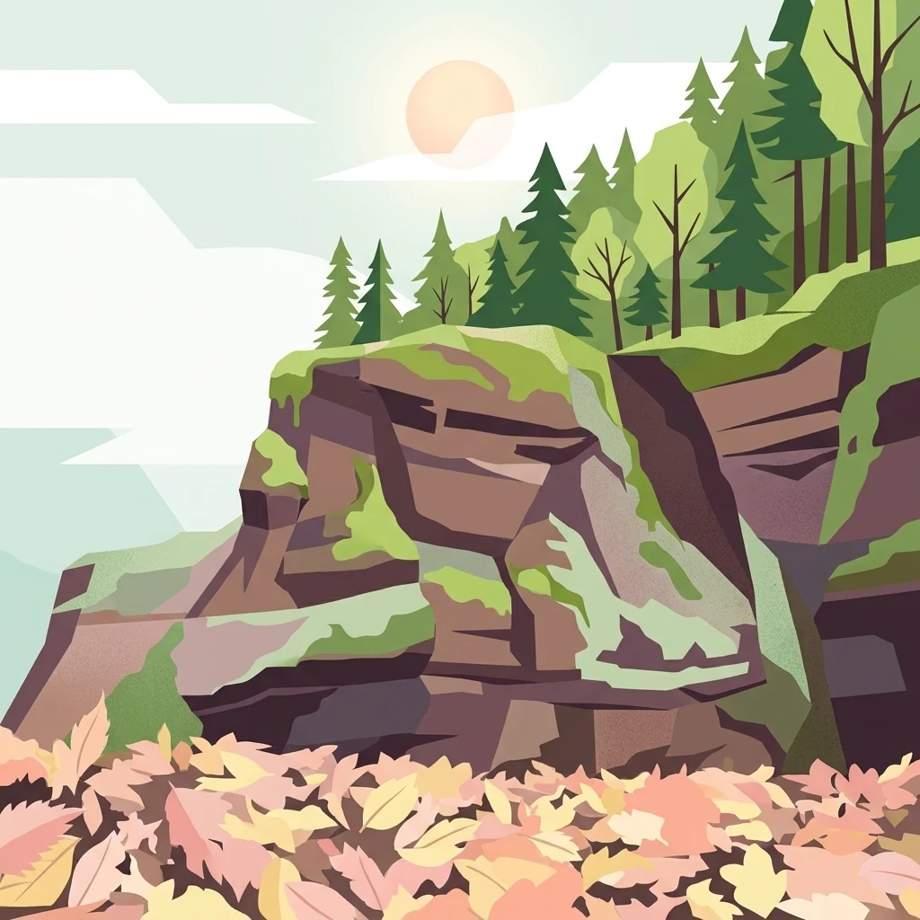 Una ilustración digital estilizada de un acantilado de roca marrón en capas coronado por árboles de hoja perenne verdes y rodeado de hojas de otoño caídas.