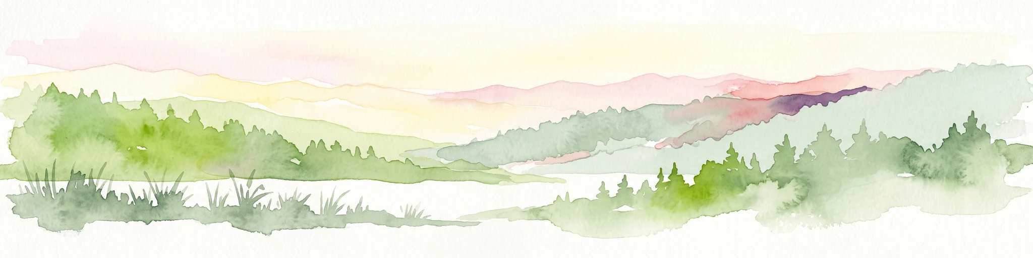A watercolor painting showing a stylized, panoramic view of green rolling hills and evergreen trees under a soft, light-colored sky.