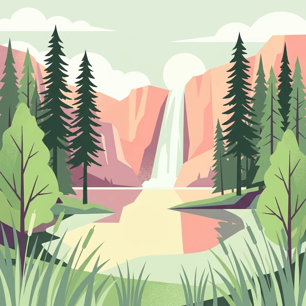 A graphic illustration showing a tall waterfall falling down a pinkish-orange cliff face into a calm pond, framed by stylized pine and deciduous trees with tall grasses in the foreground.