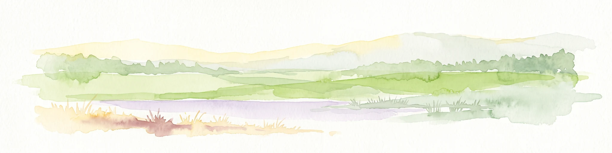A minimalist watercolor painting showing a horizontal landscape with a pond in the foreground, green fields in the midground, and soft rolling hills in the background.
