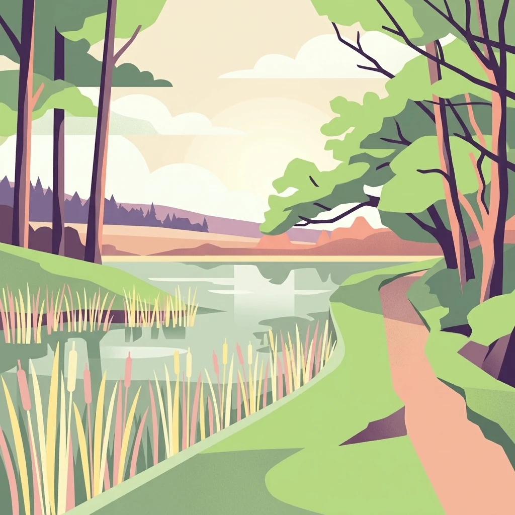 Una ilustración plana de estilo vectorial de un estanque con juncos en el borde y un sendero de tierra que atraviesa una zona boscosa.