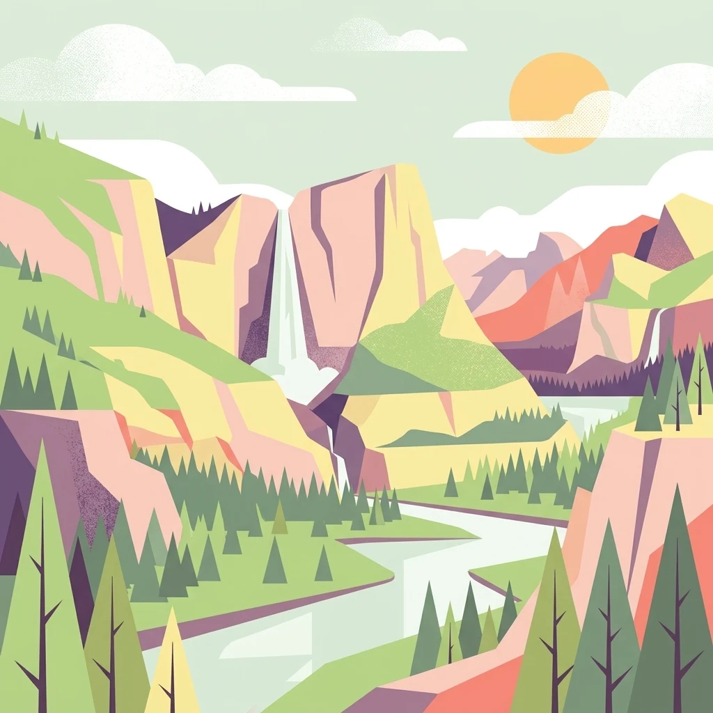 A flat vector illustration of a mountainous valley with a winding river, a prominent waterfall, pine trees, and a sun in the sky.