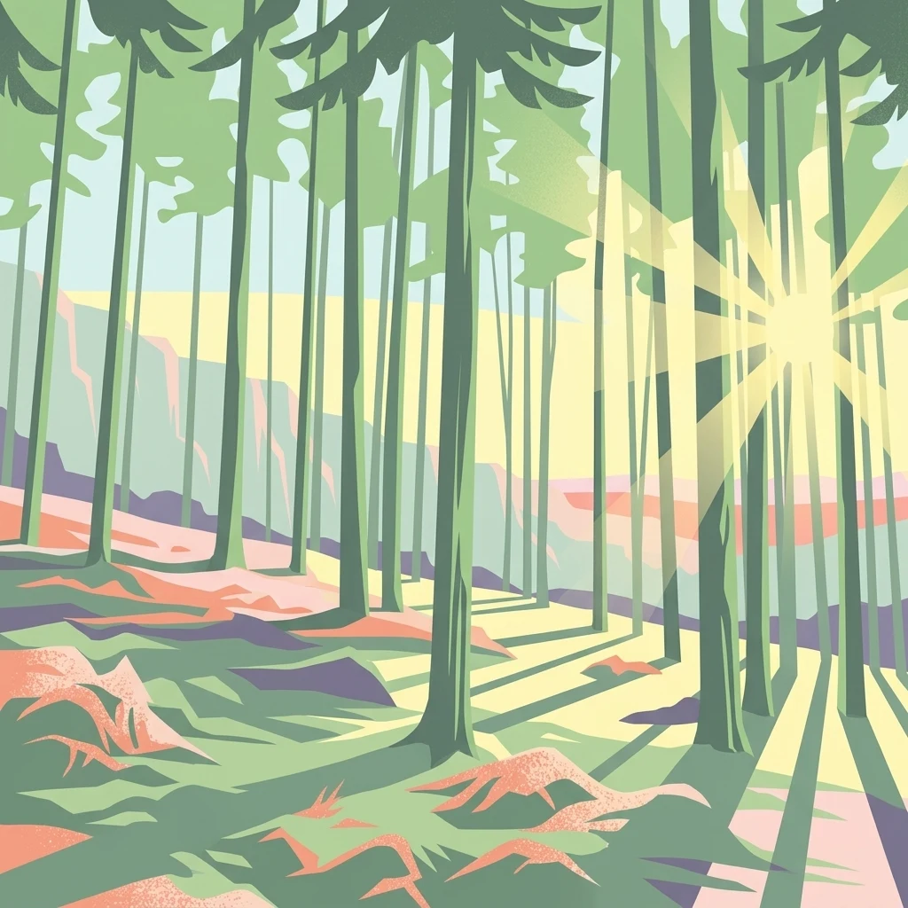 Stylized digital illustration showing tall, thin tree trunks in a forest with sunlight streaming through them and creating long, linear shadows on the ground.