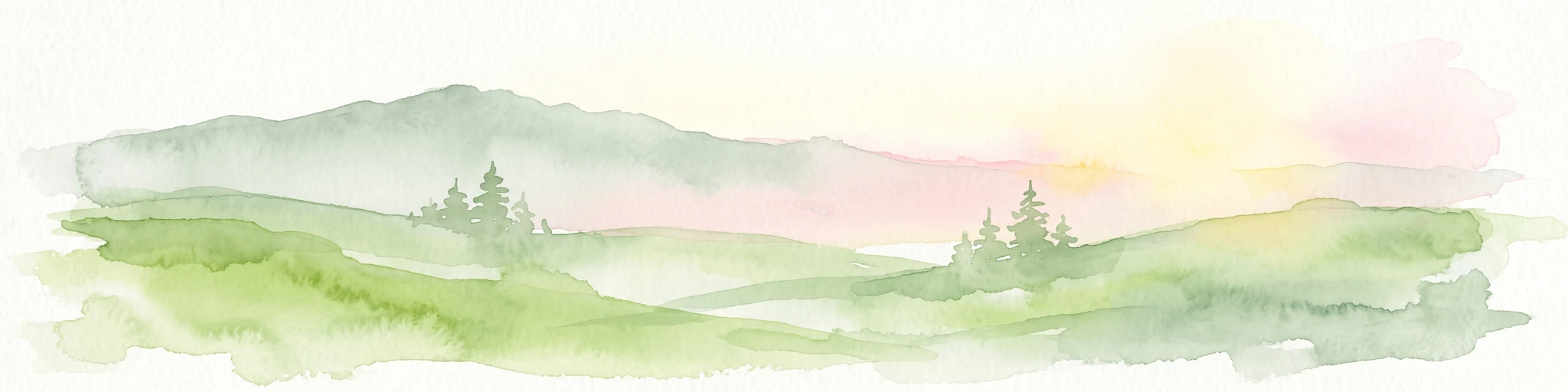 A watercolor painting of soft green rolling hills and small clusters of pine trees against a light sunset sky.