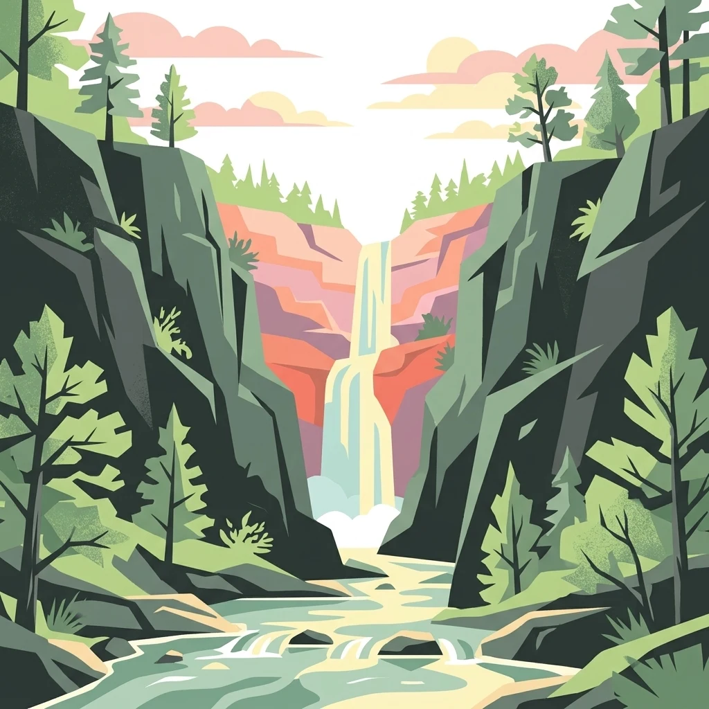 Una ilustración digital de estilo plano de una cascada que fluye entre escarpadas paredes rocosas de un cañón, flanqueada por árboles de hoja perenne.
