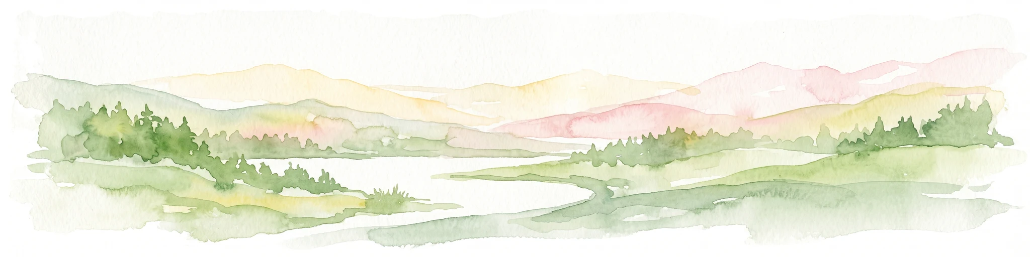 Una ilustración horizontal en acuarela que muestra colinas suaves y estilizadas, valles y parches de bosque en verdes, rosas y amarillos apagados.